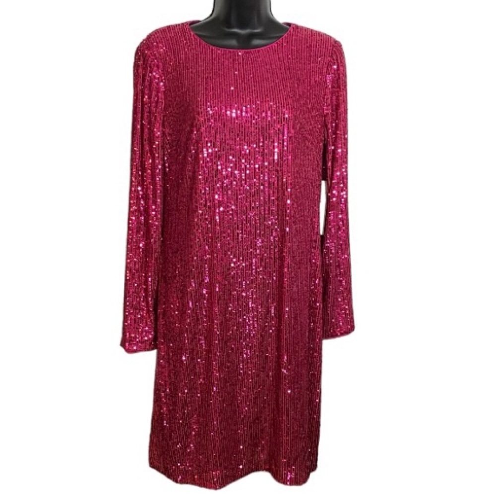 Eliza J Pink Sequin Mini Dress Long Sleeve Bodycon Sheath Lined Women’s Size 10